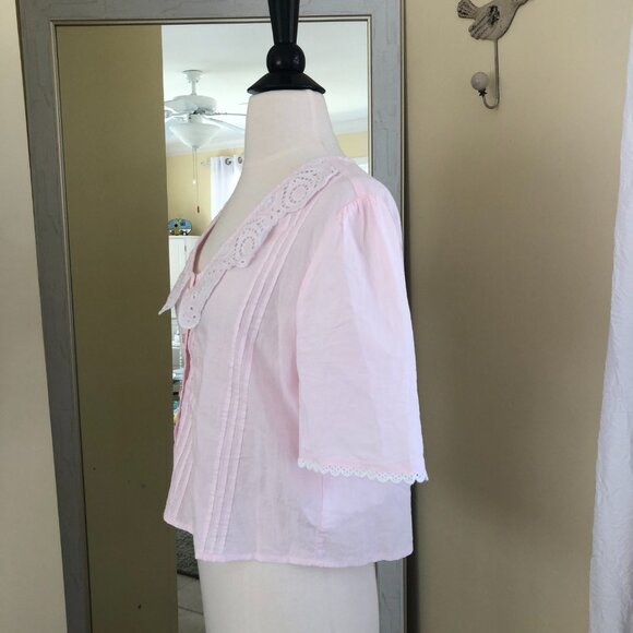 Pink Cotton Lace Collar Button Front Blouse Pleated Medium Cottagecore Coquette - Picture 4 of 7